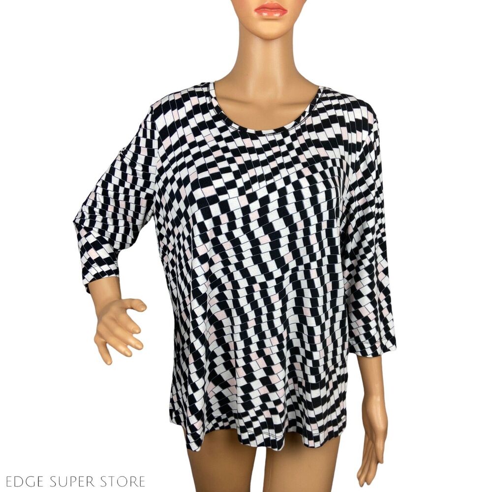 Basler Pink Black White 3/4 Sleeve Plaid Checkered Stretch Blouse Top Size Large